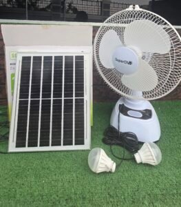 SuperDv 12" Rechargeable Solar Table Fan – With Battery, 2 LED Bulbs, USB Port & Solar Panel
