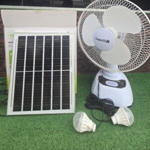 SuperDv 12" Rechargeable Solar Table Fan – With Battery, 2 LED Bulbs, USB Port & Solar Panel