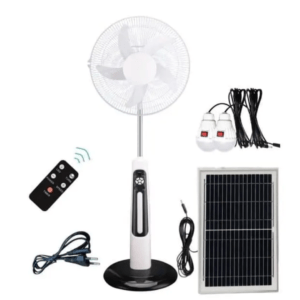 16" Rechargeable Solar Stand Fan – With Battery, 2 LED Bulbs, USB Port & Solar Panel