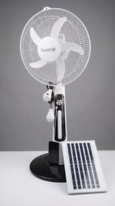 16" Rechargeable Solar Stand Fan – With Battery, 2 LED Bulbs, USB Port & Solar Panel