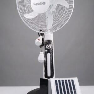 16" Rechargeable Solar Stand Fan – With Battery, 2 LED Bulbs, USB Port & Solar Panel